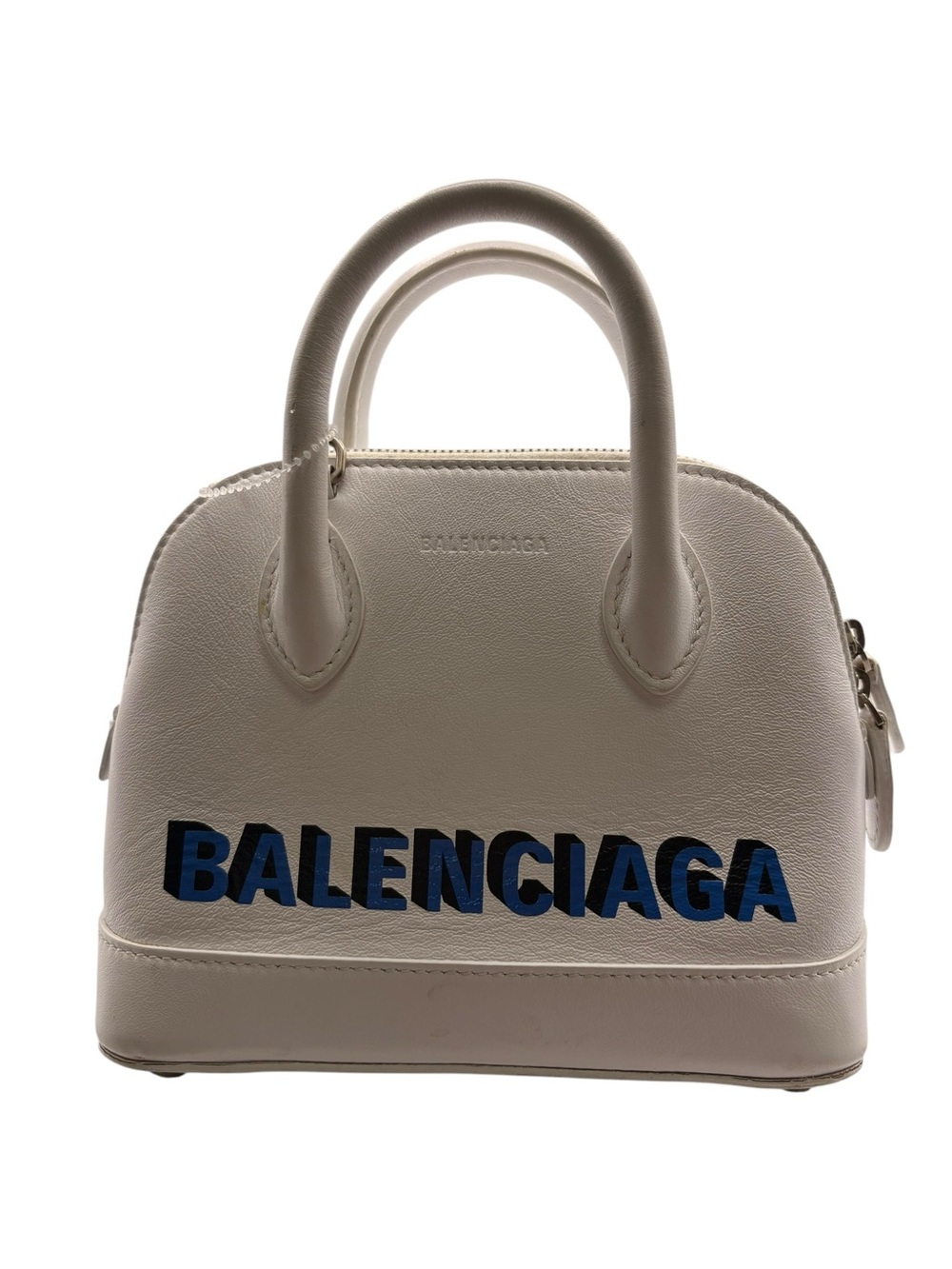 Balenciaga White Leather Top-Handle Satchel with Blue Logo